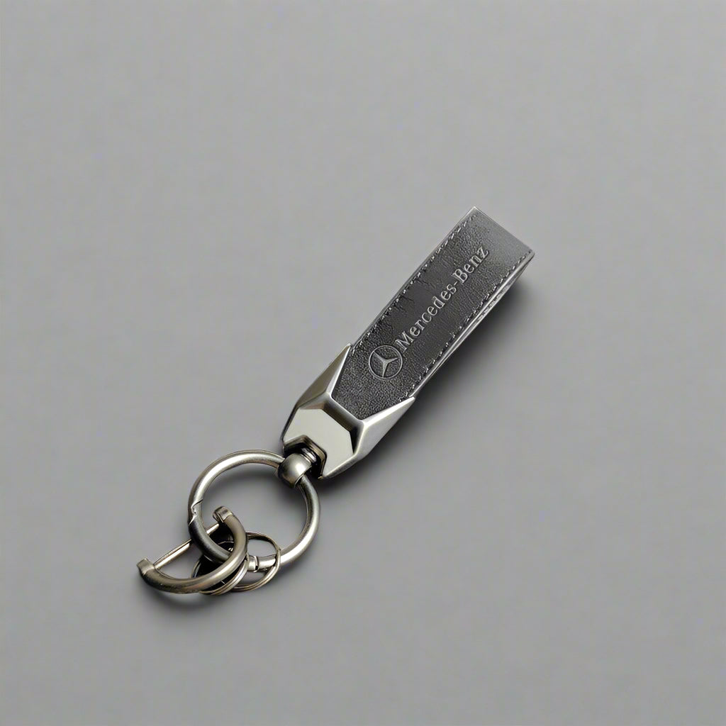 Mercedes-Benz black leather keychain with silver logo and metal key ring – premium car accessory