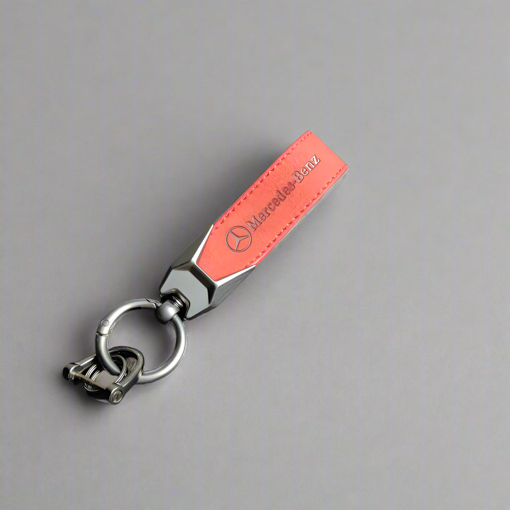Mercedes-Benz red leather keychain with silver logo and metal key ring – luxury car accessory for Mercedes owners