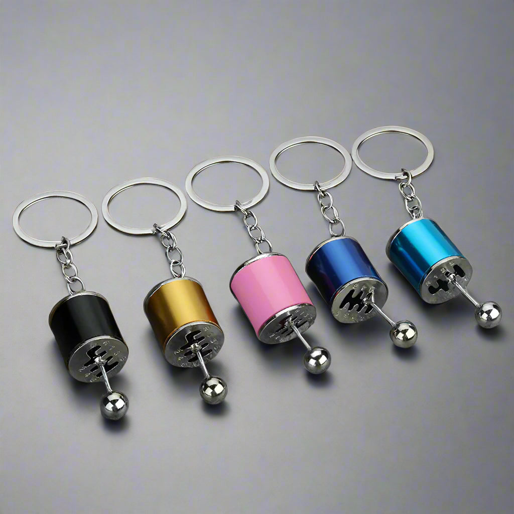Miniature gearbox keychain with metal shift knob – novelty car accessory for automotive enthusiasts