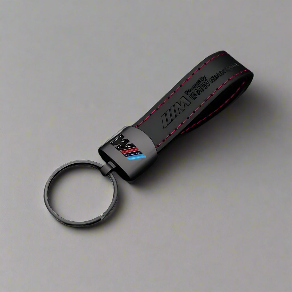 BMW leather keychain with metal key ring and embossed logo – premium car accessory for BMW owners