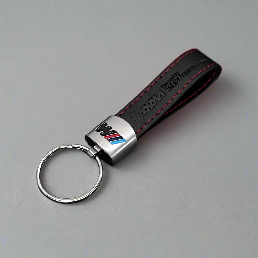 BMW leather keychain with metal key ring and embossed logo – premium car accessory for BMW owners